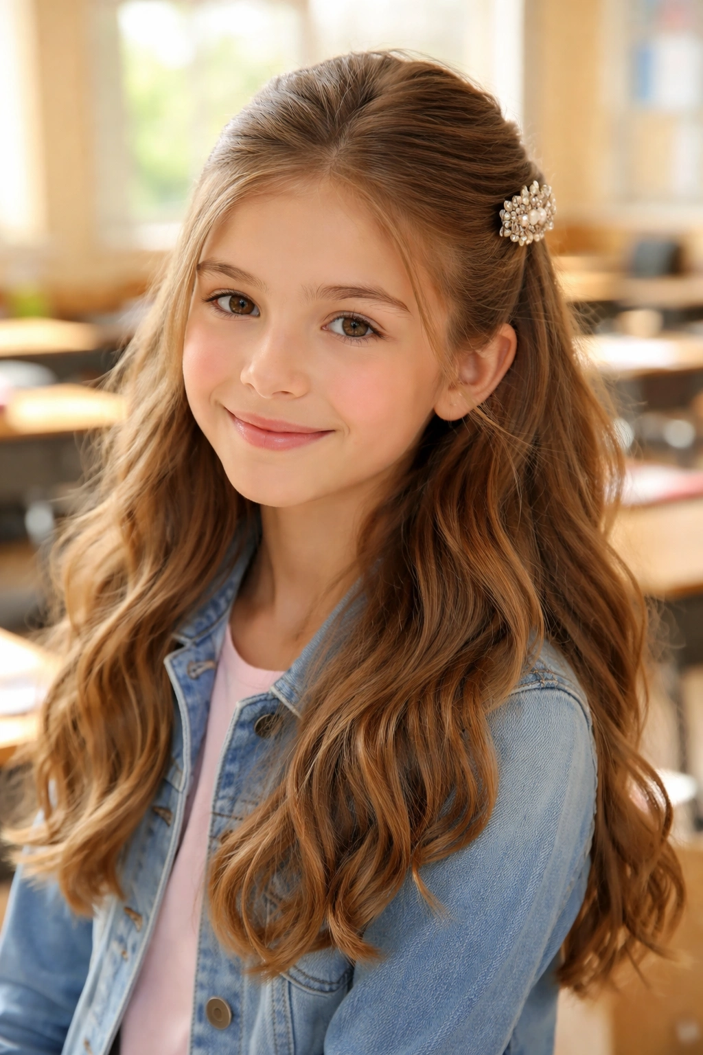 Half-up half-down hairstyle with decorative clip on a girl