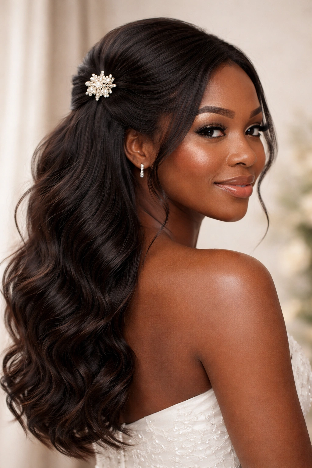 Half-up half-down hairstyle with decorative clip on Black hair