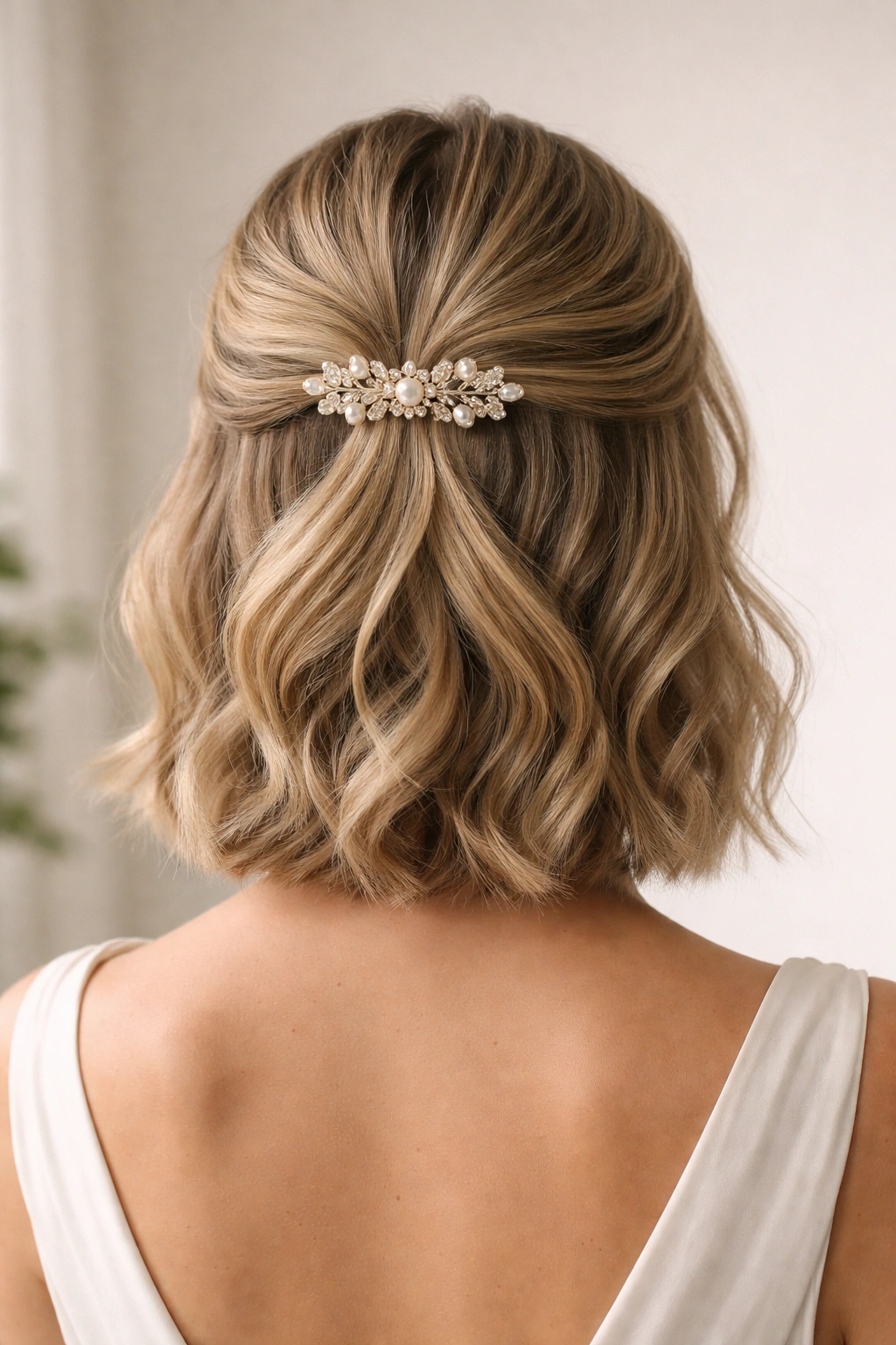 Back view of hair styled half-up with a decorative clip and flowing bottom section