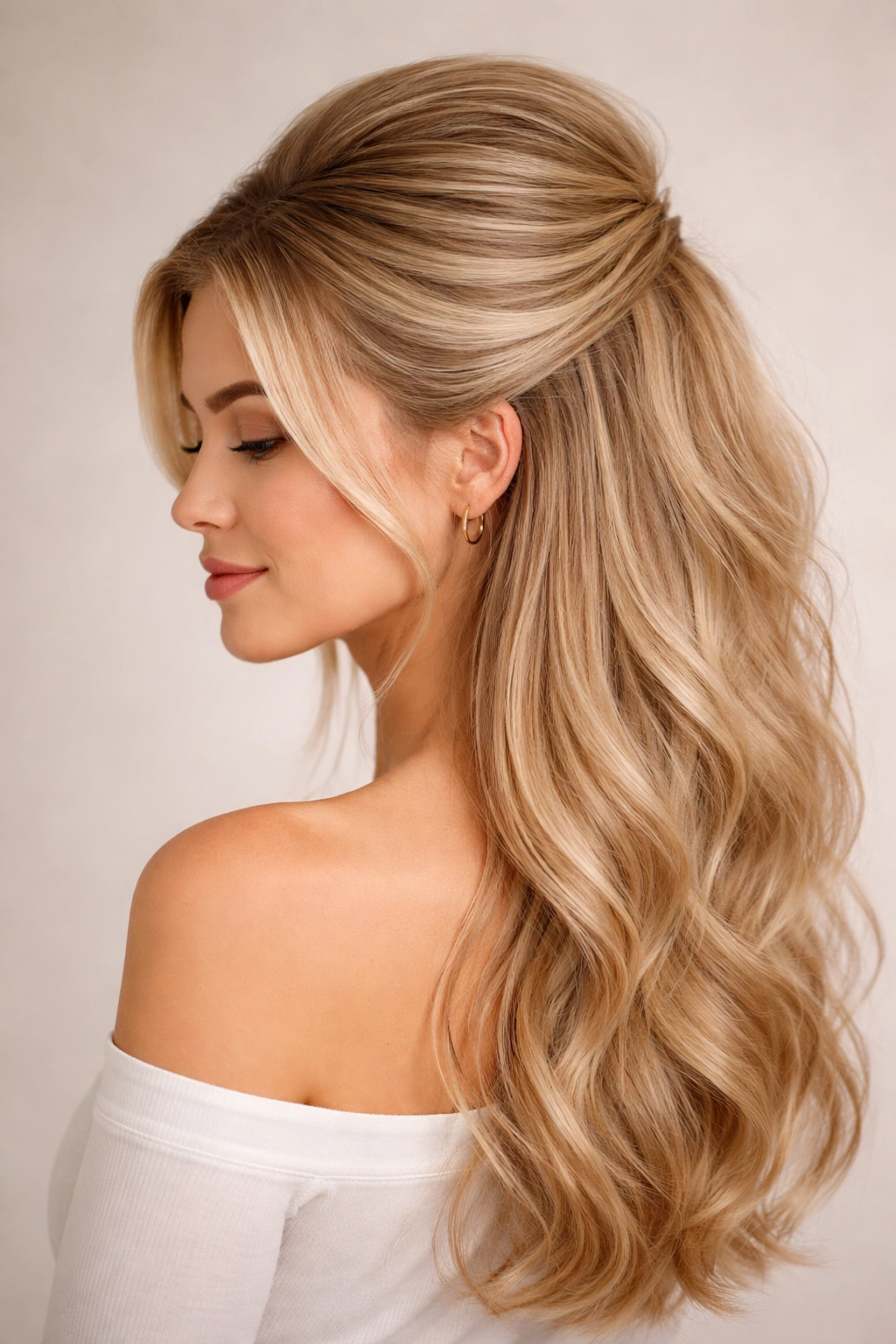 Half-up half-down hairstyle with voluminous crown and long flowing ends