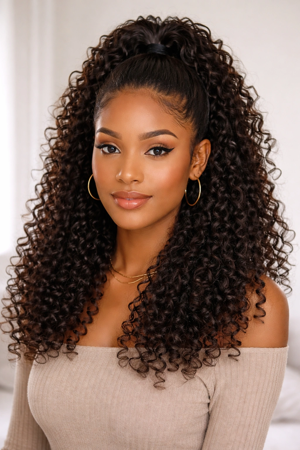 Curly hair in a half-up, half-down style with defined curls on the bottom.