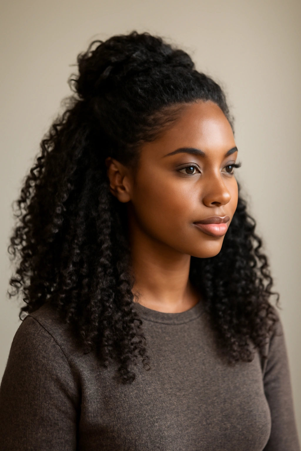 20 Hairstyles for Black Women Sorted by Hair Texture 17 Half-up, half-down hairstyle with defined curls cascading down