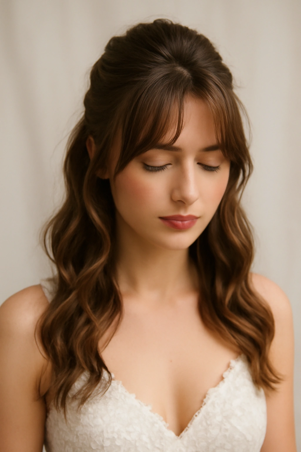 10 Wedding Hairstyles That Look Gorgeous With Bangs 3 Half-up half-down bridal hairstyle with curtain bangs and flowing waves