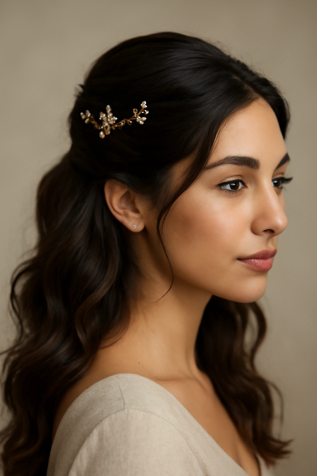 12 Beautiful Hairstyles for Arab Women to Try 7 Close-up of half-up half-down hairstyle with gold clips and jeweled pins