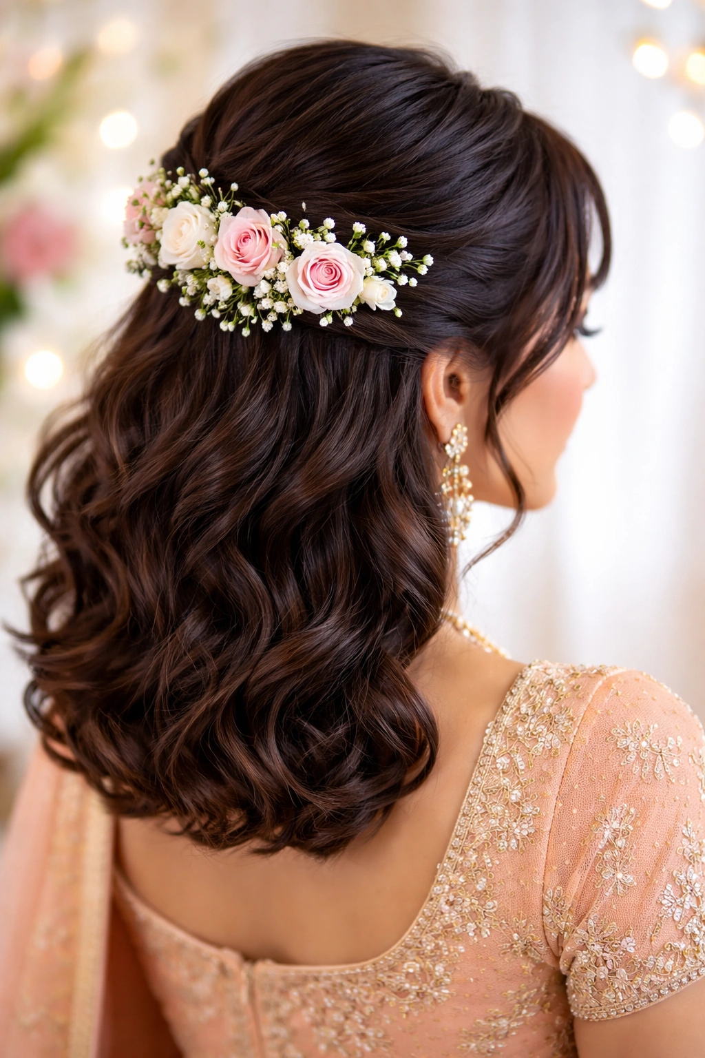 Half-up half-down bridal hairstyle with flowers woven into the top section