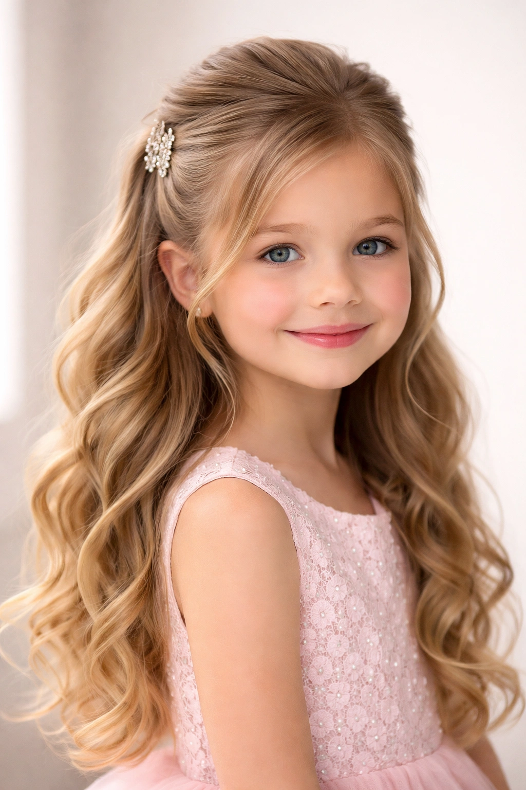 Half-up half-down hairstyle with a clear elastic securing the top