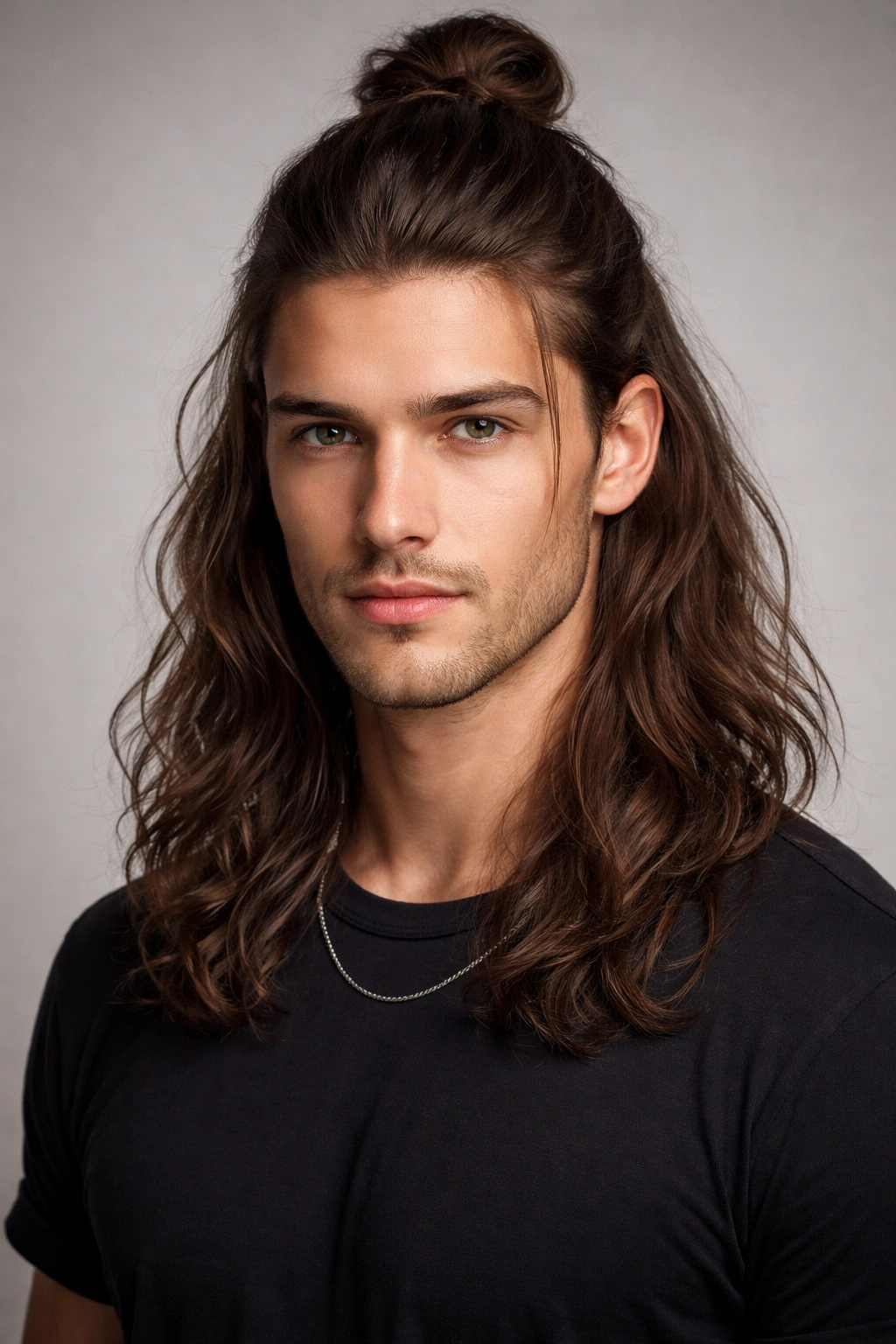 Close-up of a male model with a half-up half-down hairstyle showing top bun and flowing length