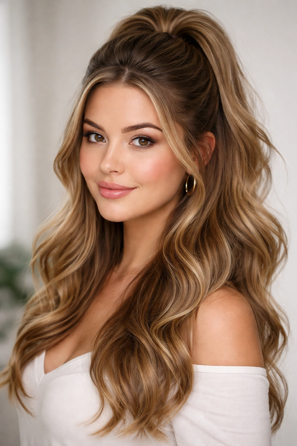 Half-up half-down hairstyle with lifted crown and flowing lower waves