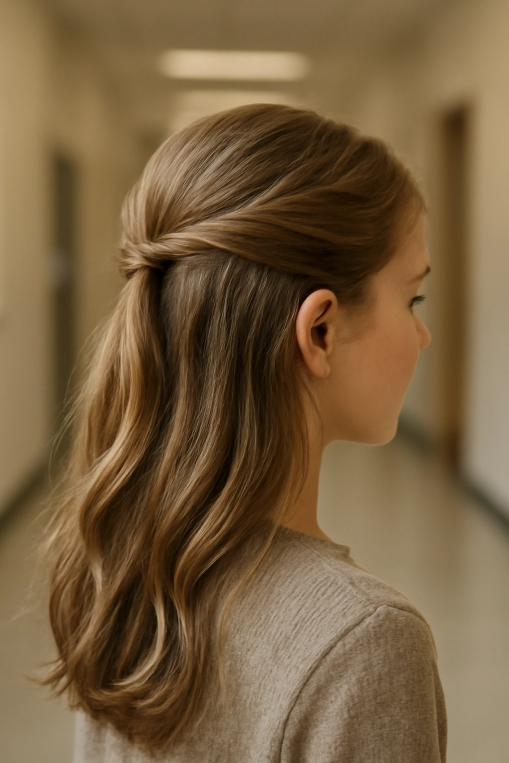 10 Quick School Morning Hairstyles for Busy Girls 3 Half-up half-down hairstyle on a young girl with twist at the back