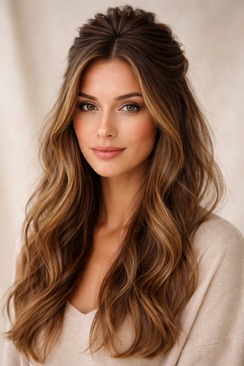 12 Hairstyles That Beautifully Balance A Long Face 8 Half-up half-down hairstyle with crown gathered and face-framing strands