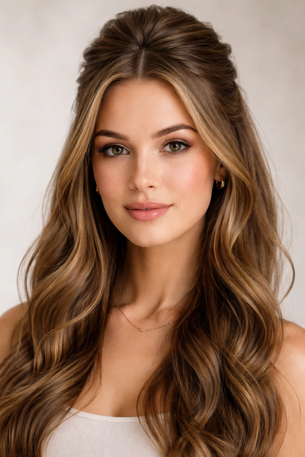 15 Flattering Hairstyles For Long Oval Faces 7 Close-up of half-up half-down hairstyle showing crown volume and flowing waves.