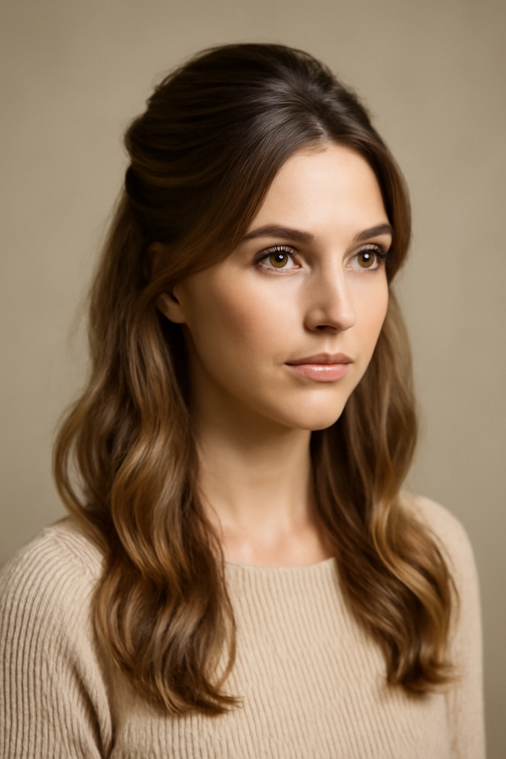 Portrait of a person with a half-up half-down hairstyle in a neutral studio setting.