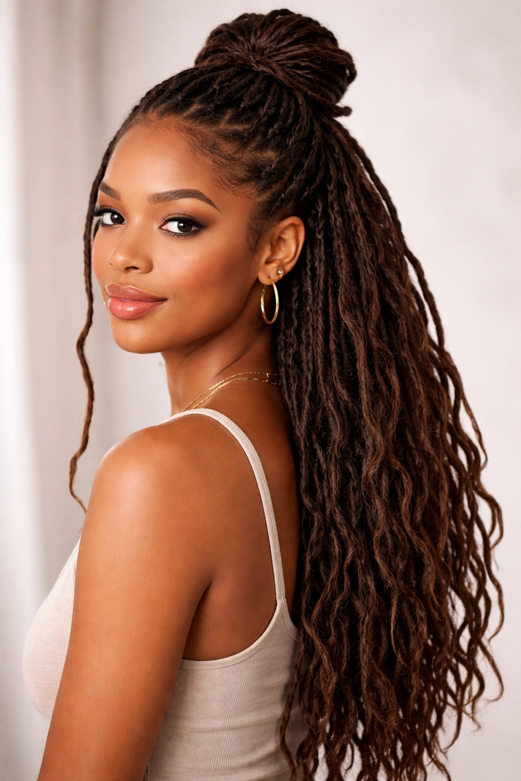 Half-up half-down locs with top section secured and rest flowing down