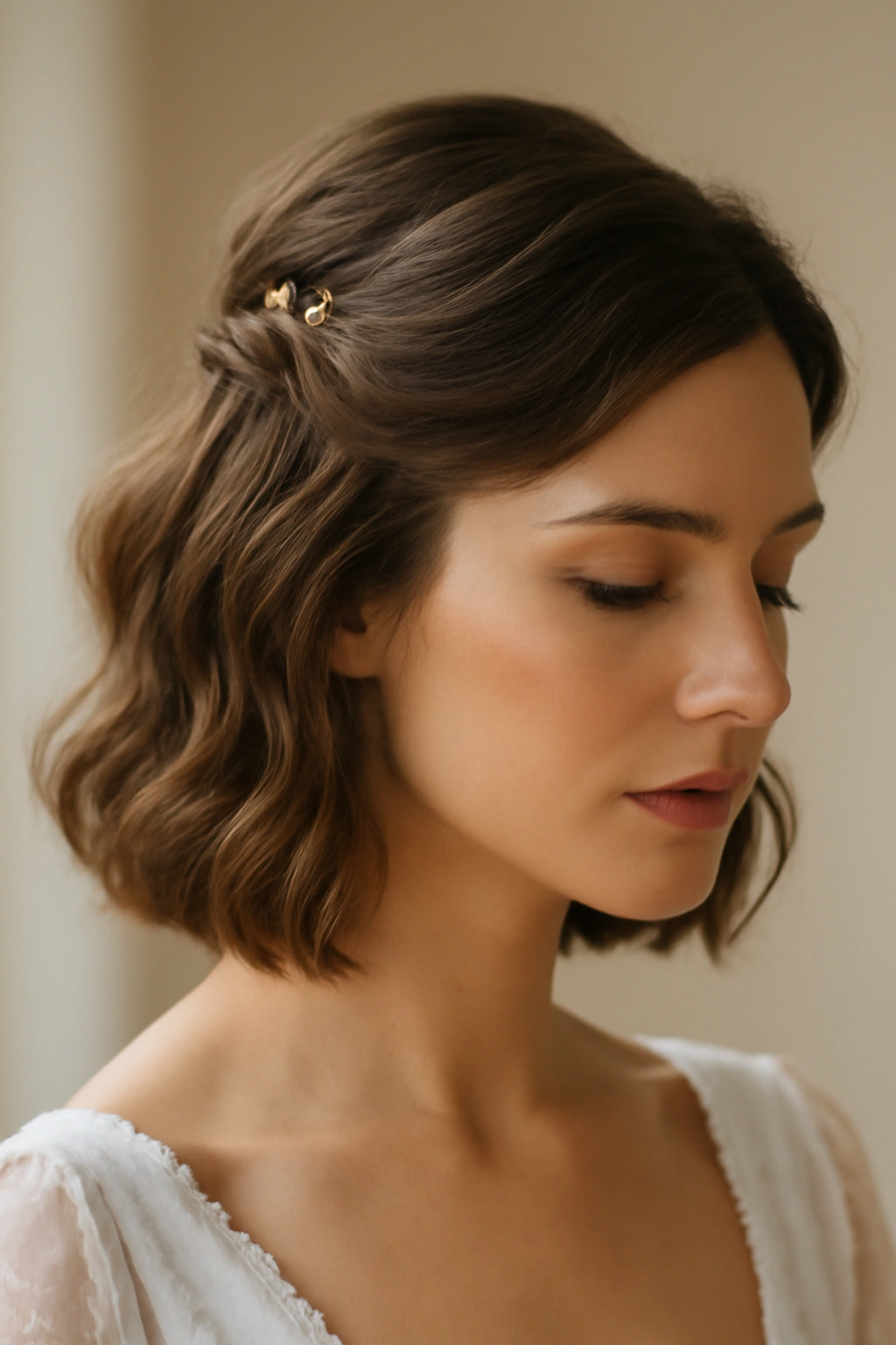 10 Short Bridal Hairstyles That Photograph Beautifully 3 Romantic half-up half-down bridal hairstyle with pearl pins