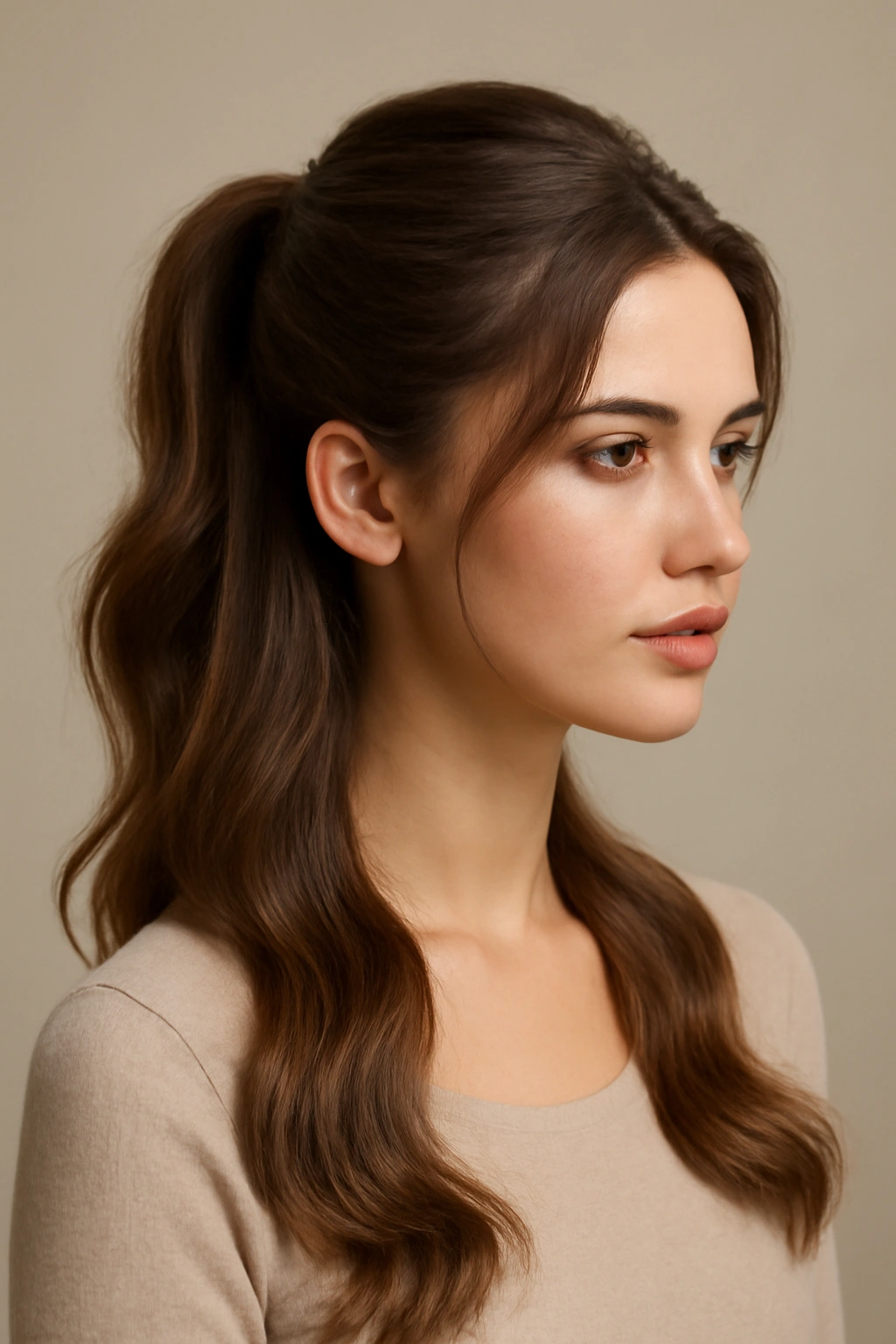 15 Ponytail Hairstyles for Work and Nights Out 4 Half-up half-down ponytail with top secured and bottom flowing hair in a studio.