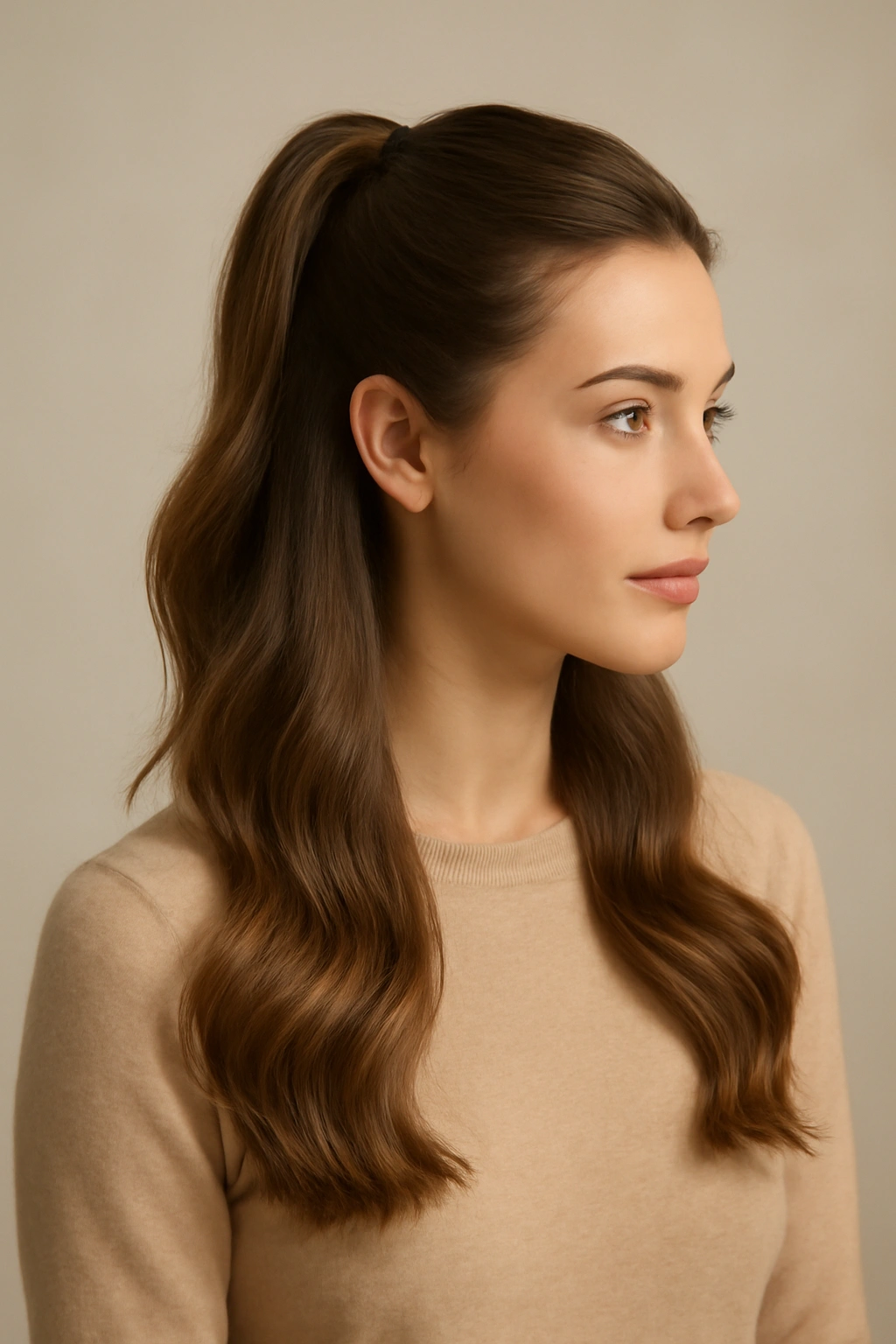 Front view of a half-up half-down ponytail with top ponytail and flowing lower hair