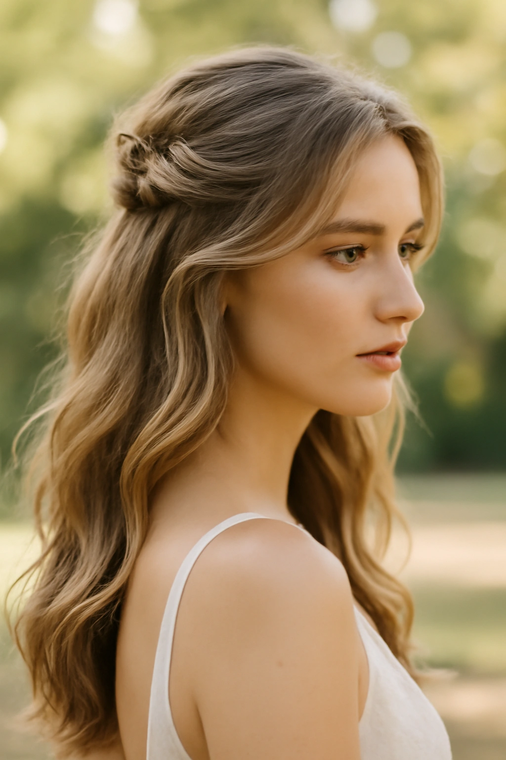 8 Romantic Updos for Weddings and Date Nights 3 Half-up half-down hairstyle with top pulled back into a soft knot and flowing waves