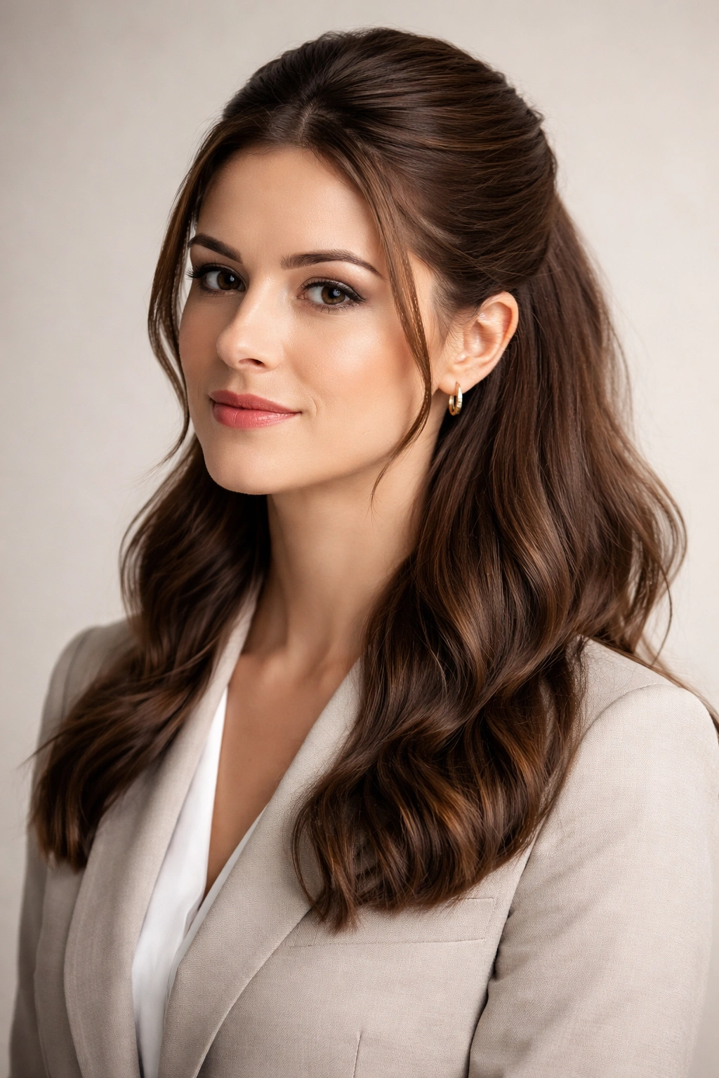 10 Hairstyles For Women In Professional Attire 6 Front three-quarter view of half-up, half-down hairstyle with top section secured