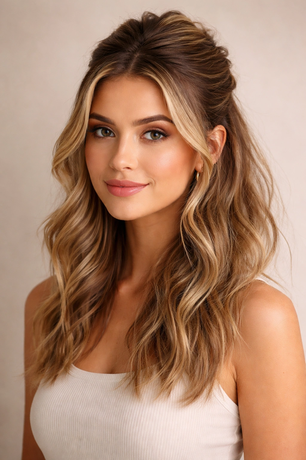 Half-up, half-down hairstyle showing texture on the lower half