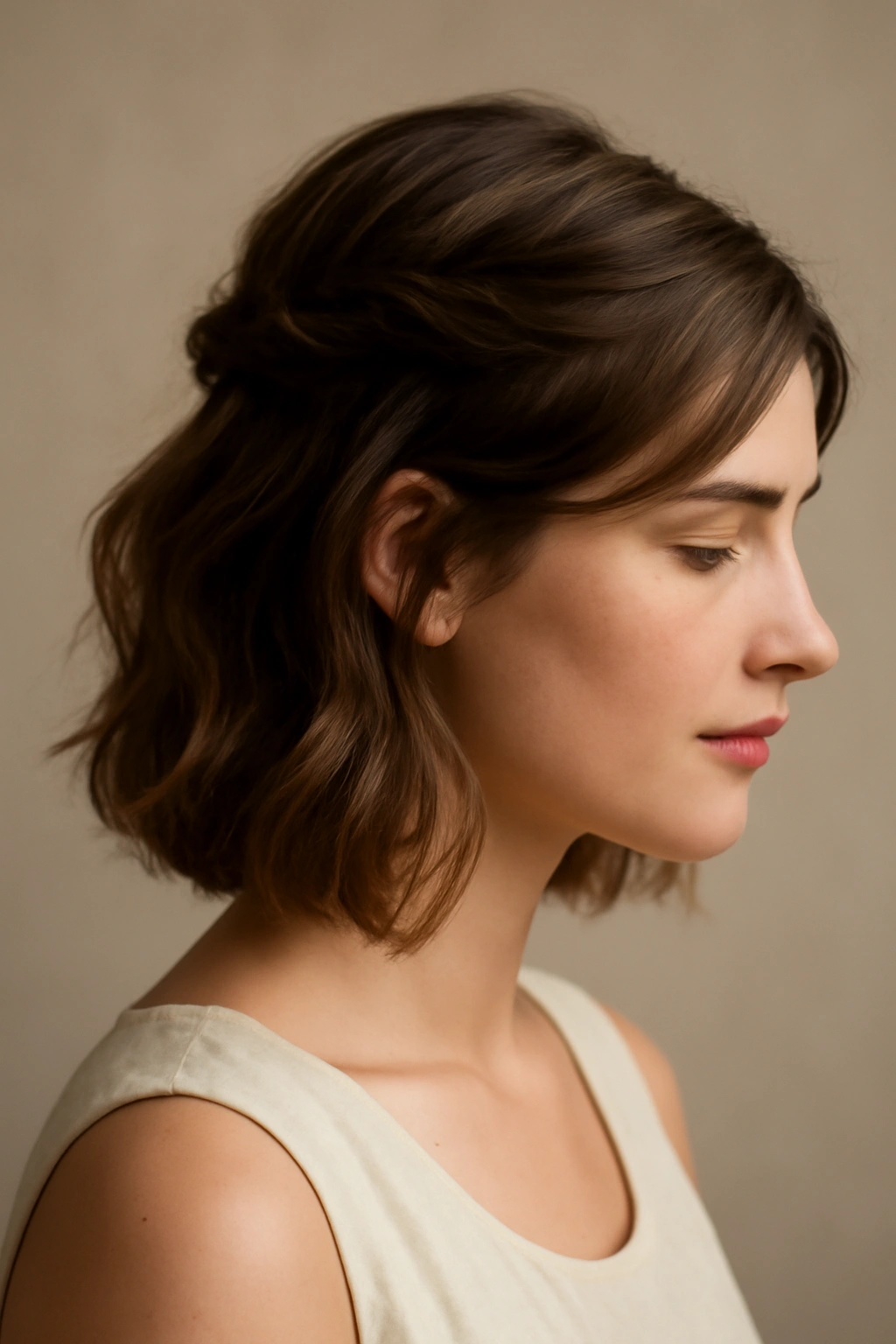 10 Graduation Day Hairstyles for Short-Haired Women 3 Half-up half-down hairstyle on short hair with a twisted top section.