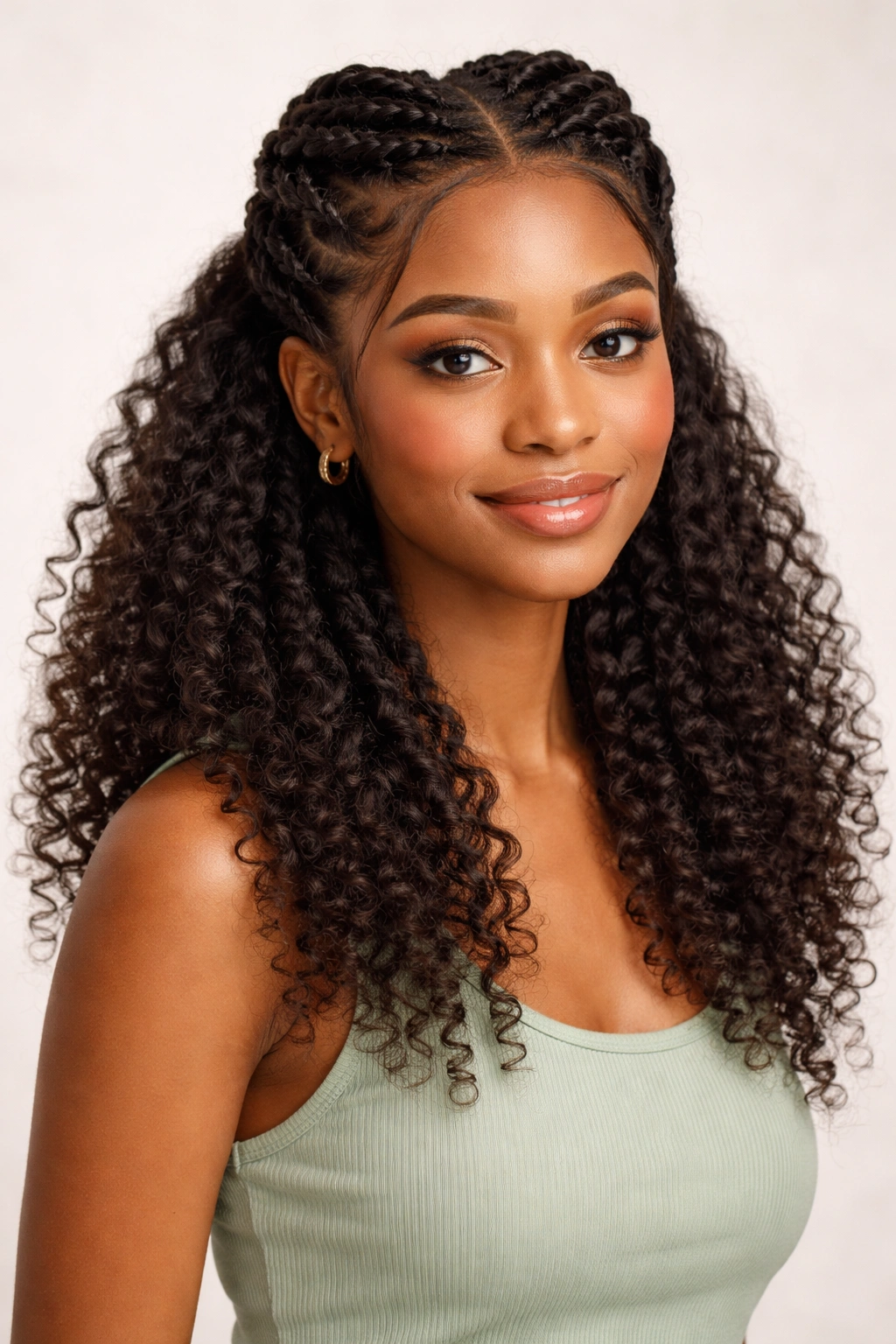 Half-up half-down hairstyle with crown twists and loose lower hair