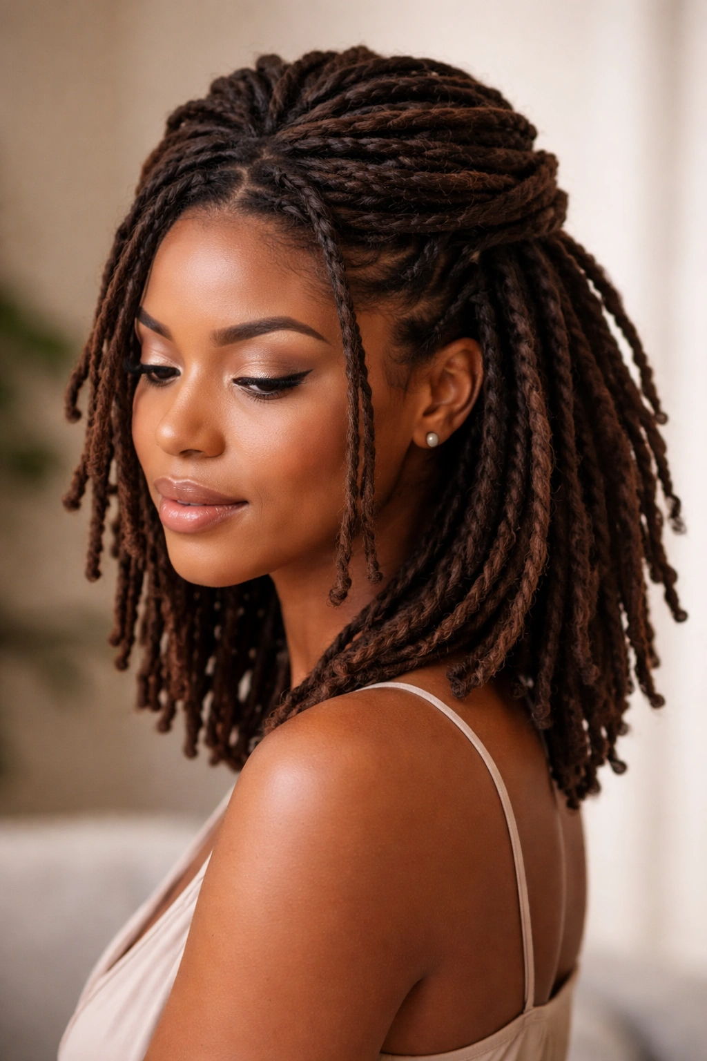 Half-up hairstyle with loose twists on short dreads