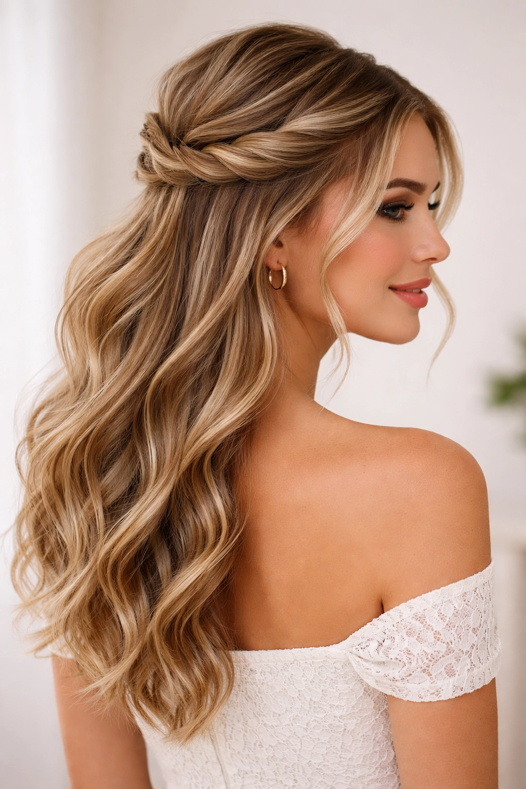Medium close-up of half-up half-down hairstyle with twists pinned at the crown