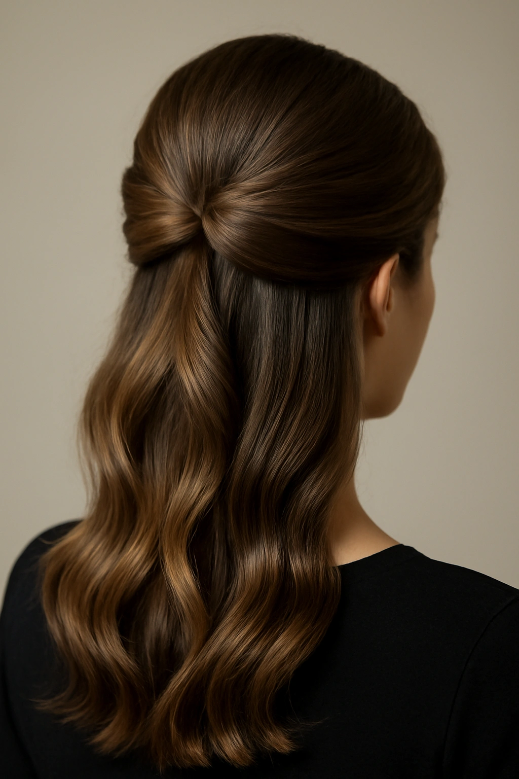 8 Classic Updos That Work for Any Formal Occasion 8 Medium shot of half-up half-down hairstyle with crisp upper section and flowing waves
