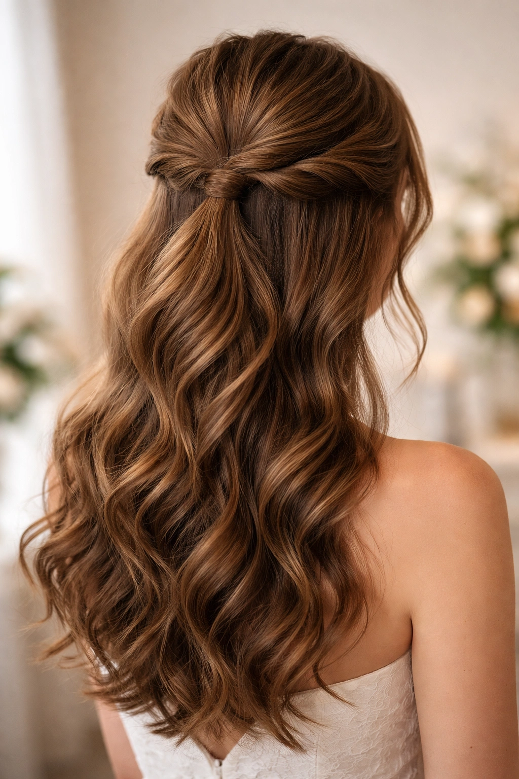 Romantic half-up half-down hairstyle with crown volume and side twists