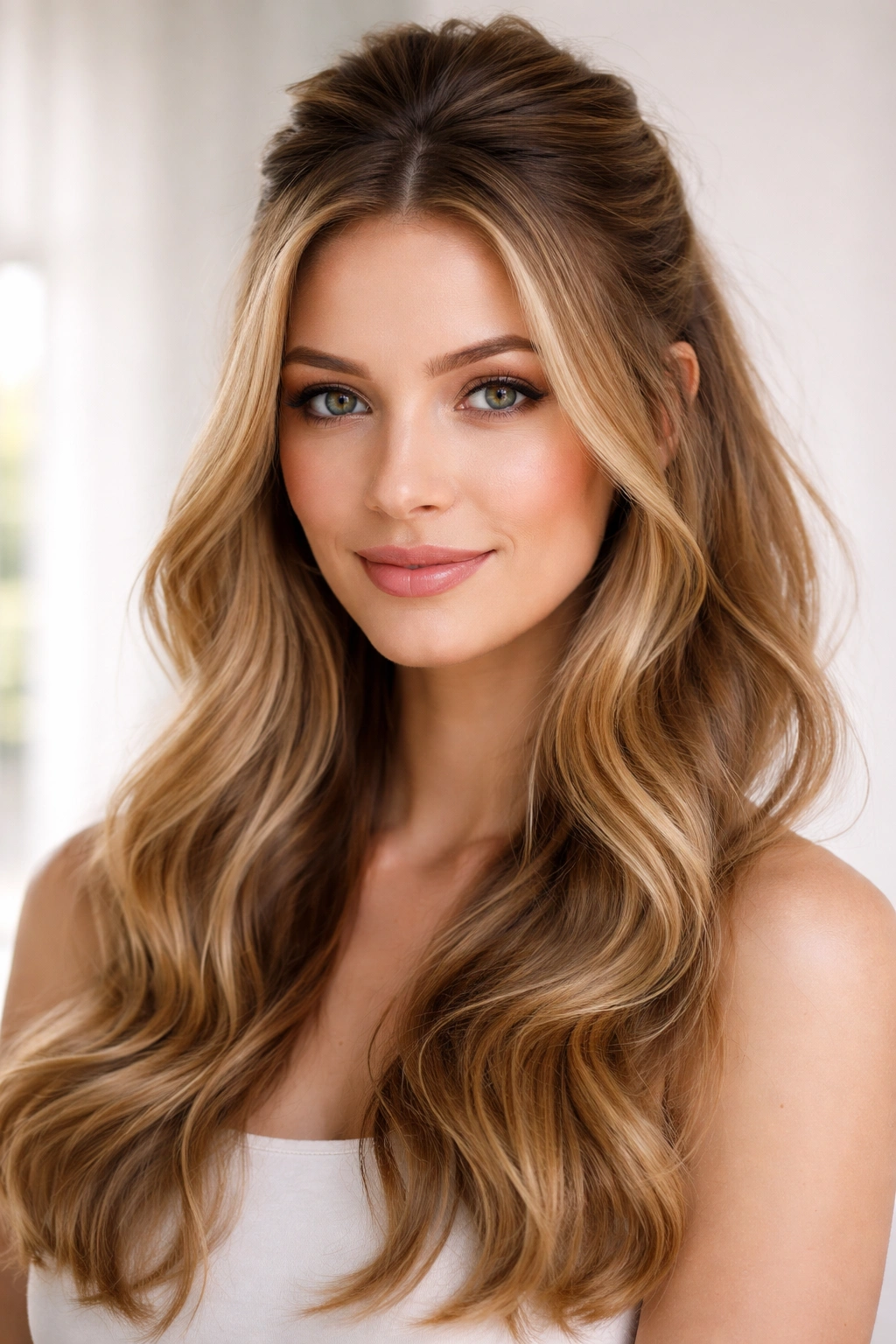 15 Hairstyles That Complement A Longer Face Shape 4 Half-up half-down waves portrait showing top pulled back and bottom waves