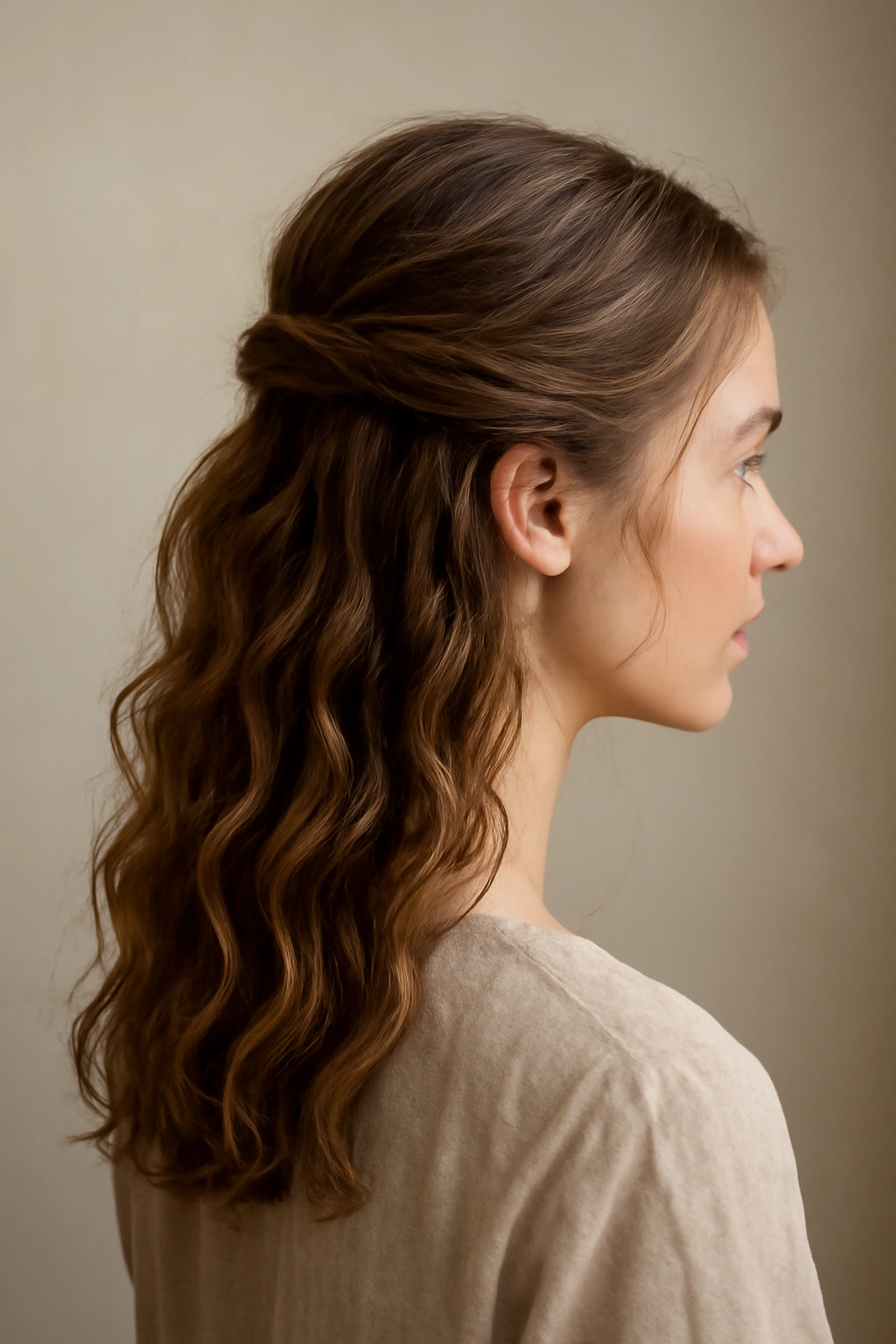 15 Natural Wavy Hairstyles You Can Air Dry Easily 3 Half-up half-down hairstyle with waves cascading from the secured section