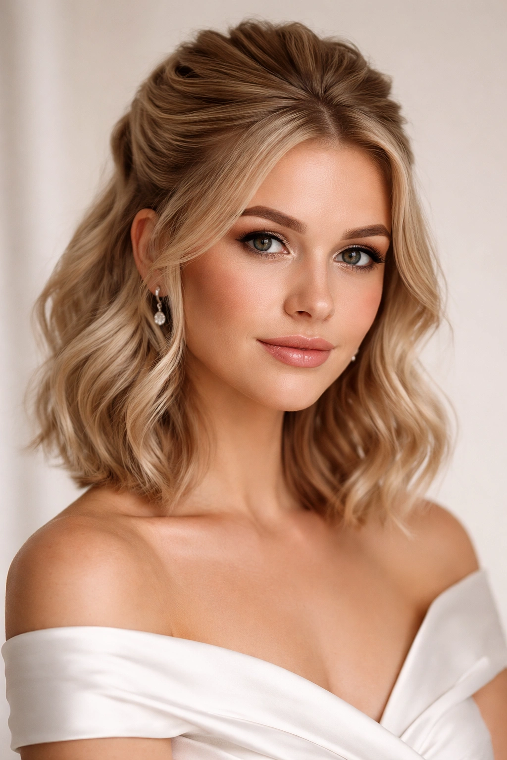 Short hair styled half-up half-down with waves and crown pull-back