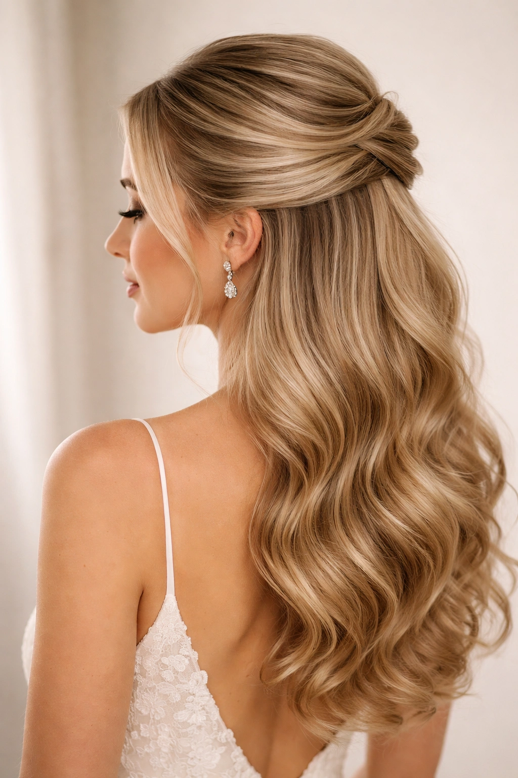 Half-up half-down hairstyle showing crown twist and flowing lower hair.