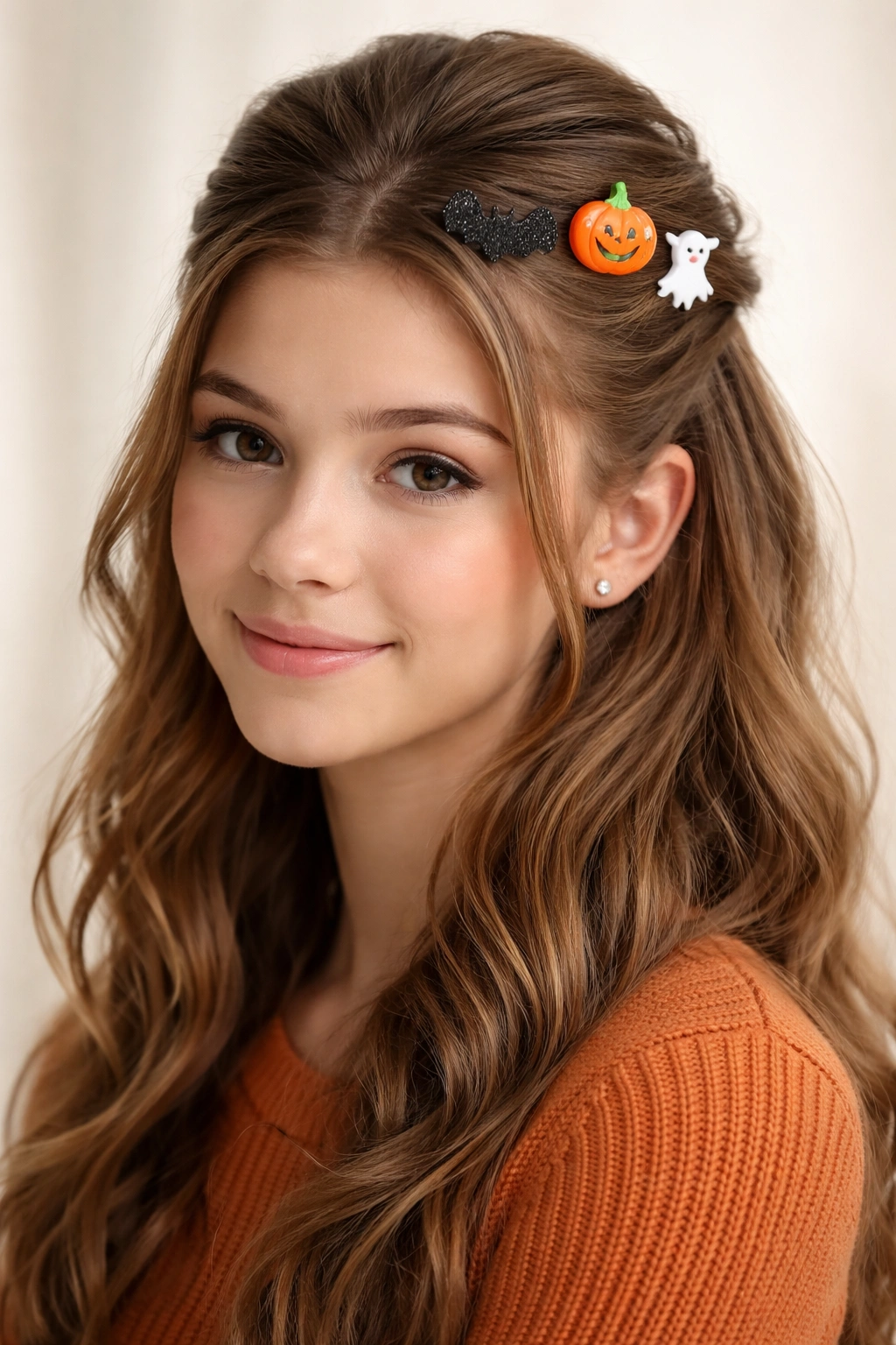 Half-up hairstyle with Halloween-themed clips