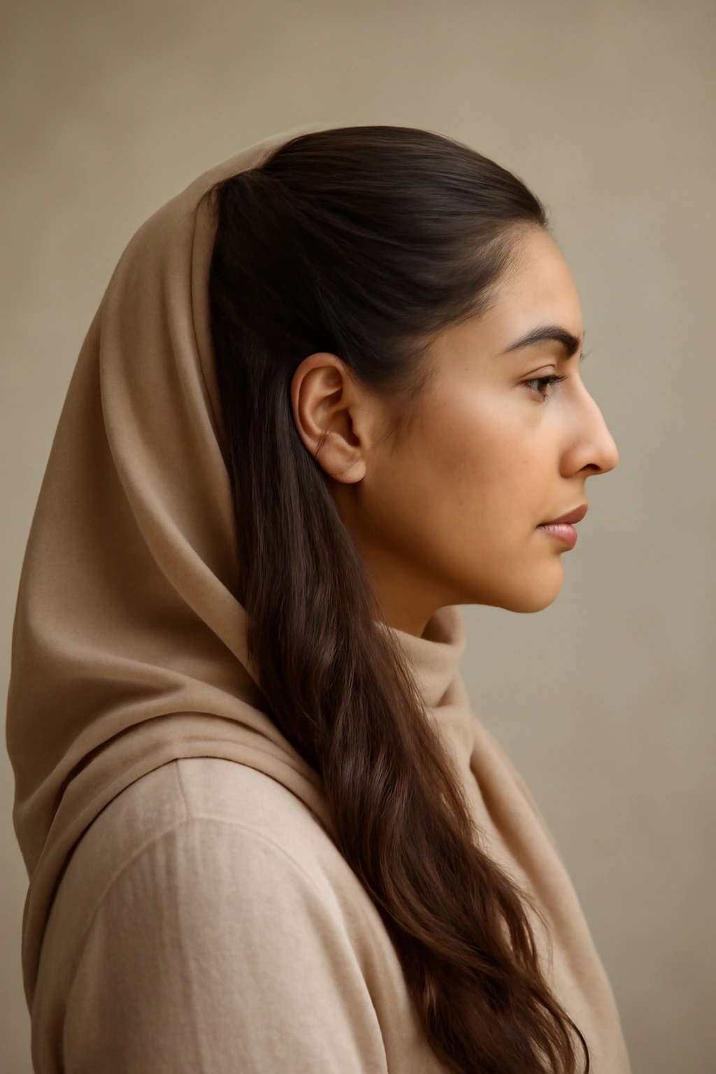 10 Everyday Hairstyles for Women Who Wear a Hijab 9 Three-quarter view of hijab wearer with half-up hairstyle secured at crown
