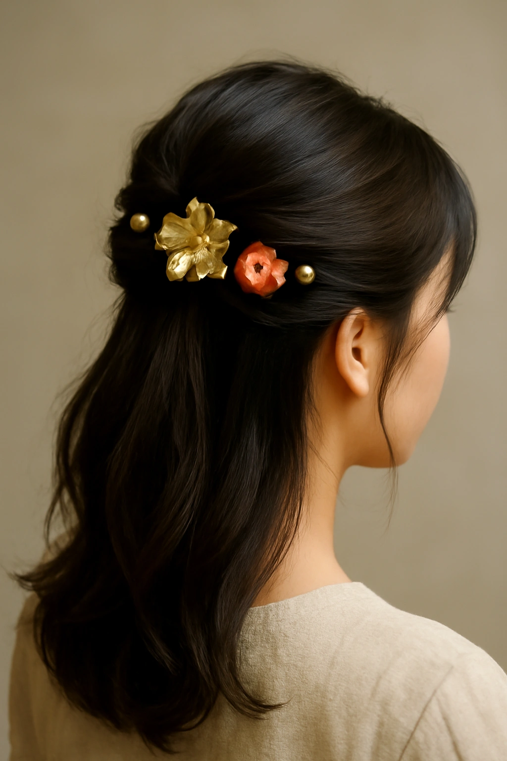 12 Japanese Hairstyles That Are Trending Right Now 12 Half-up hairstyle with decorative hair accessories securing the top section.