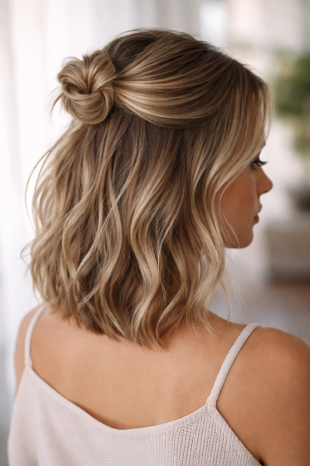 Top half gathered into a knot at the crown with loose hair below