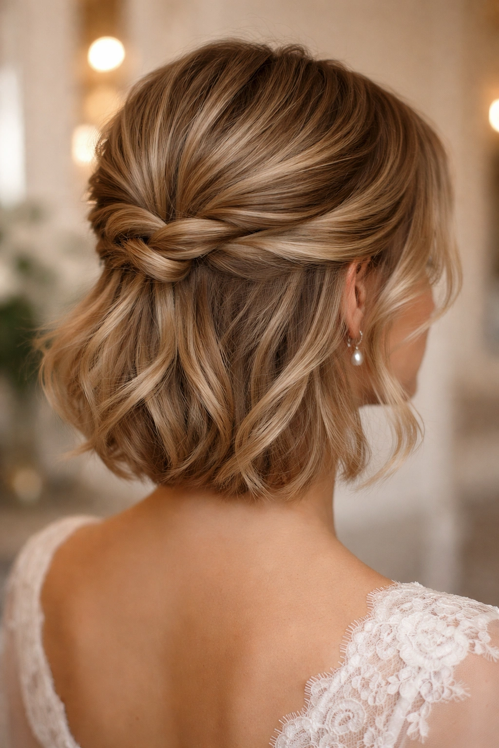 Close-up of a half-up twisted knot detail in bridal hair