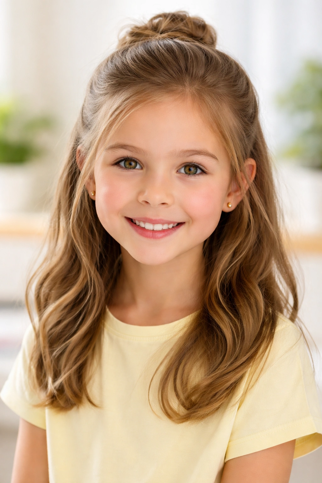Child wearing a half-up knot with a small bun and pins.