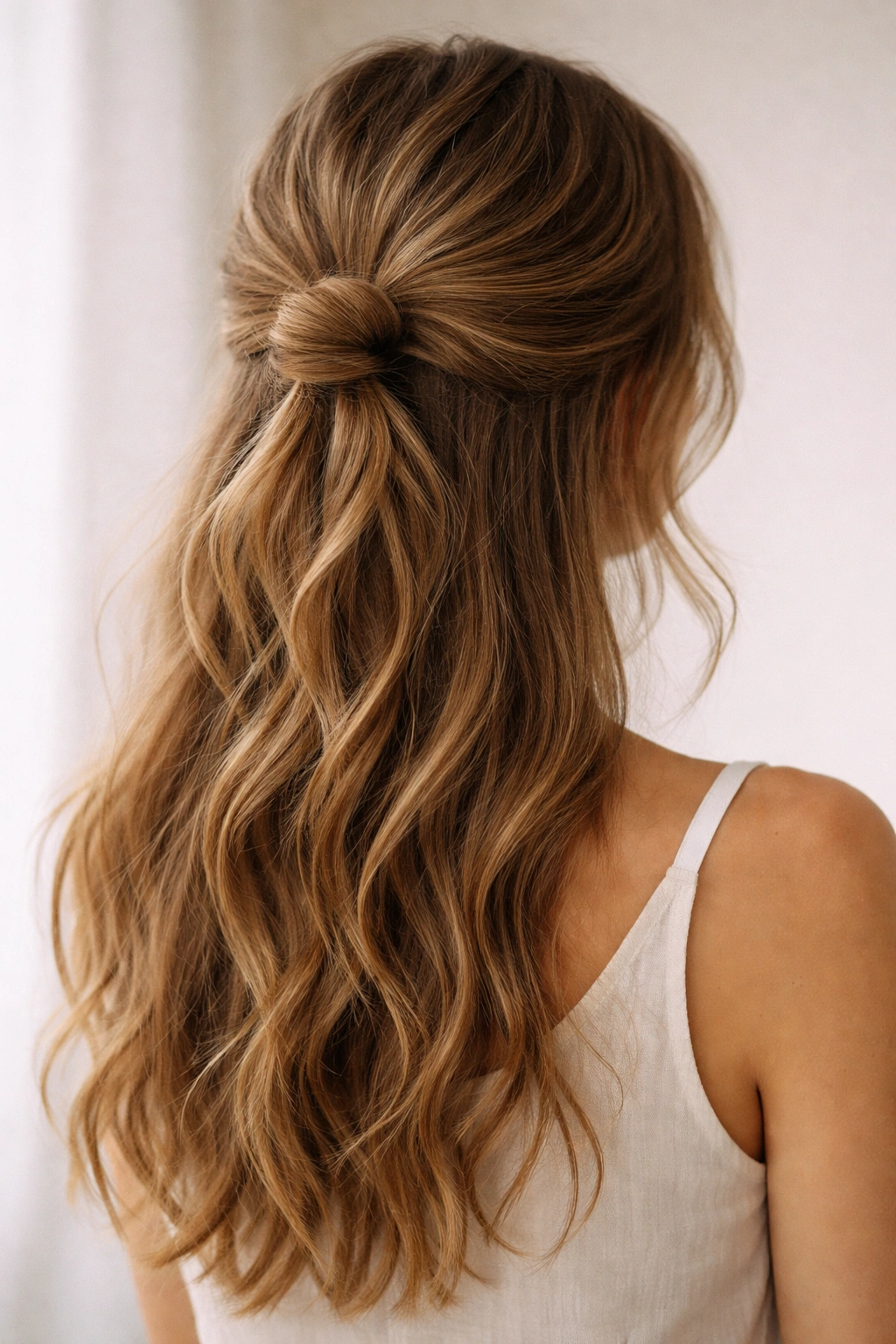 12 Hairstyles For Events That Feel Fancy But Relaxed 2 Head-and-shoulders view of an undone half-up knot hairstyle