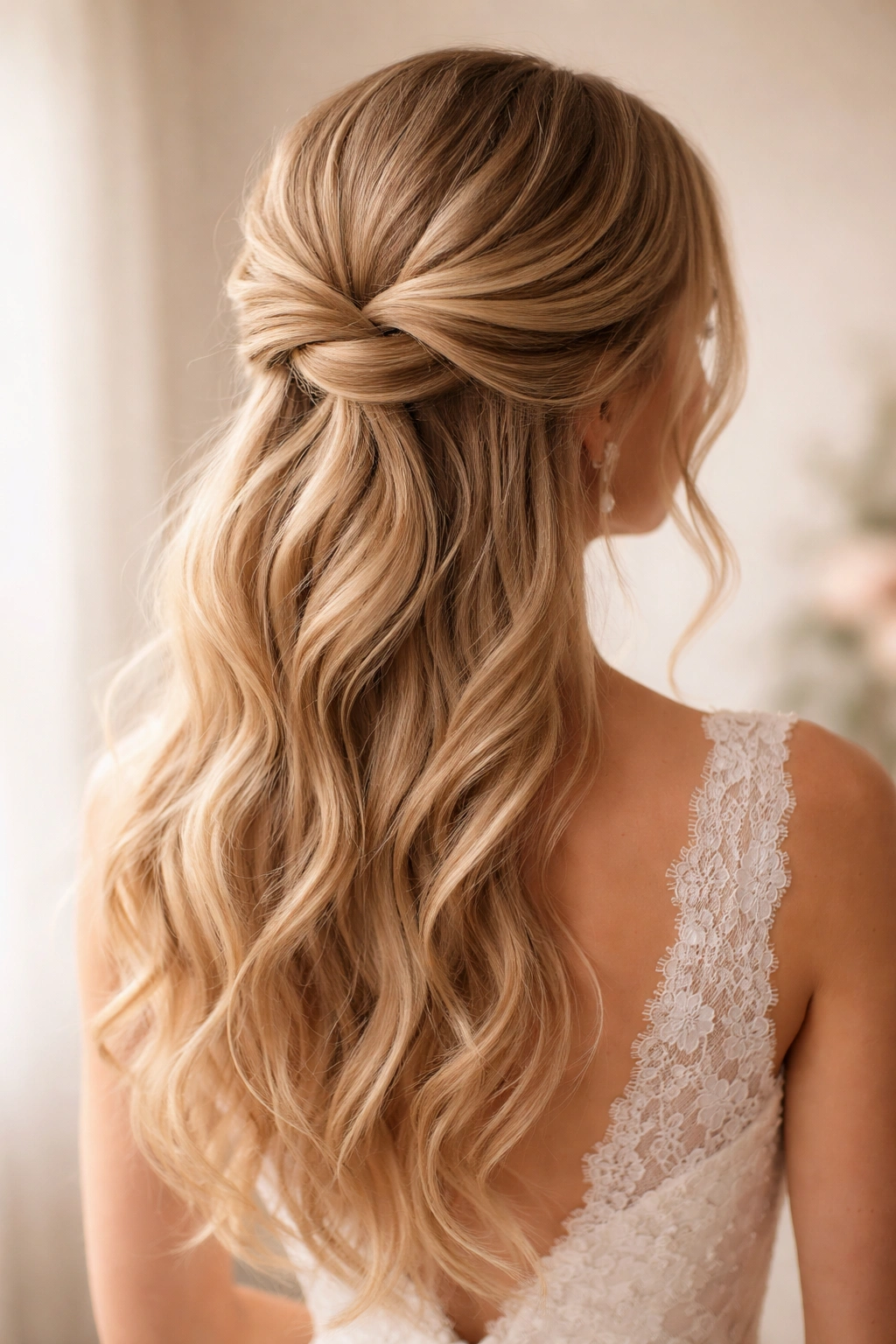 Bridal half-up gathered knot hairstyle with a loose knot at the nape and flowing length.