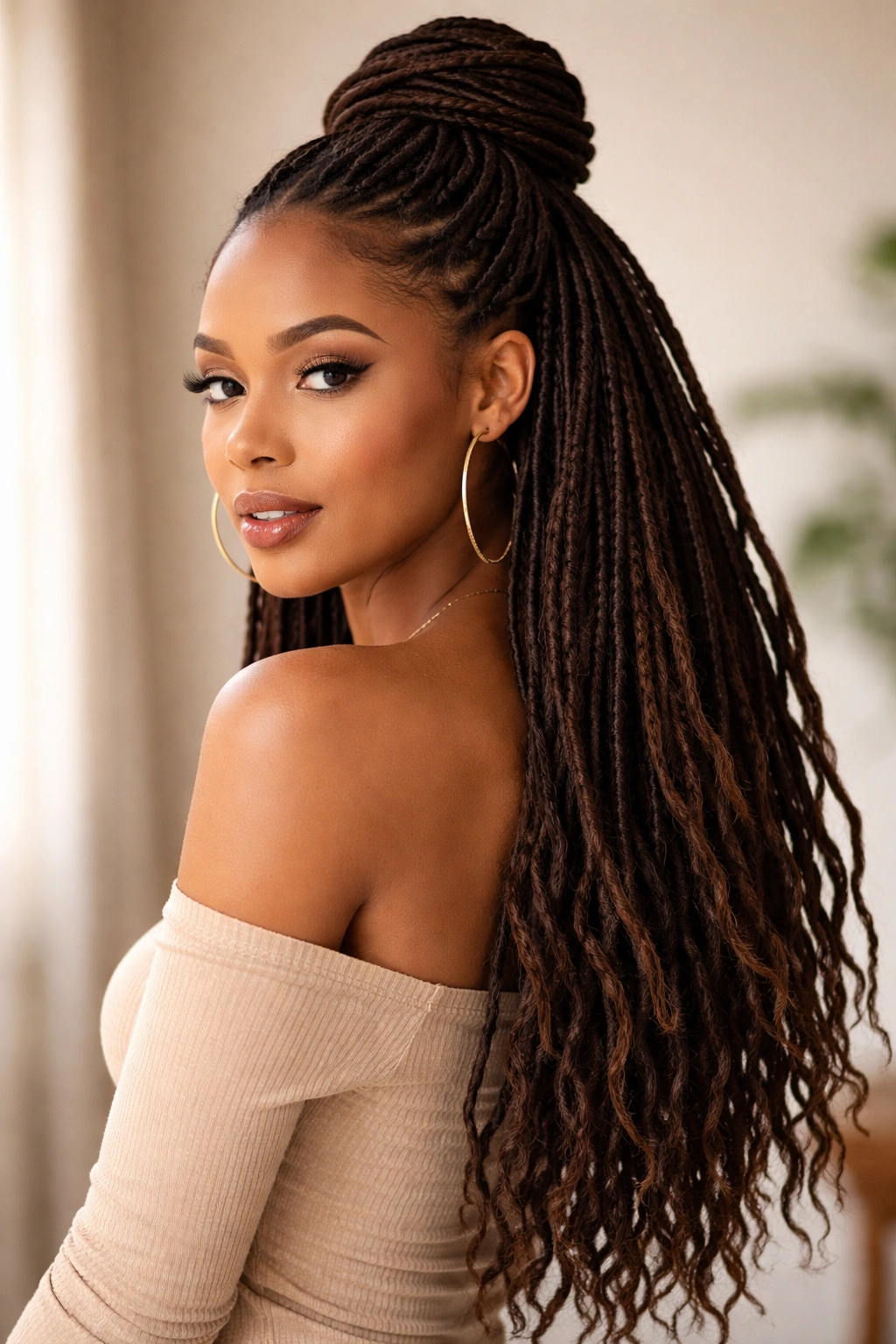20 Loc Styles For Every Length From Short To Waist 9 Half-Up Half-Down Loc Styles: half pulled back with rest of locs down.