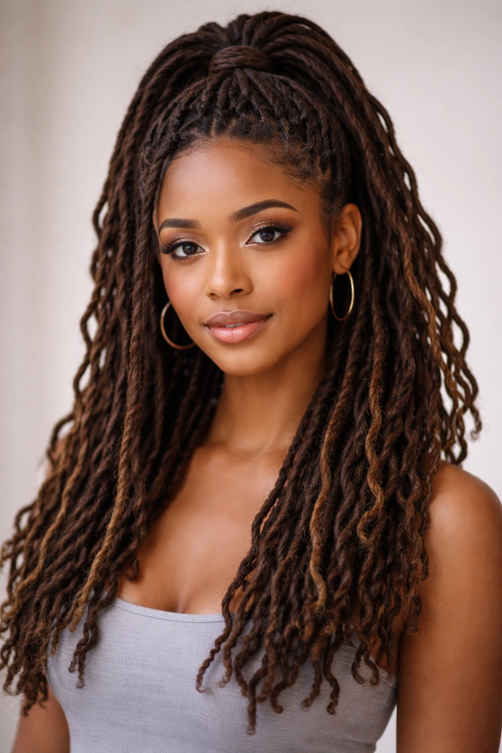 Half-up half-down locs hairstyle with top gathered and loose back