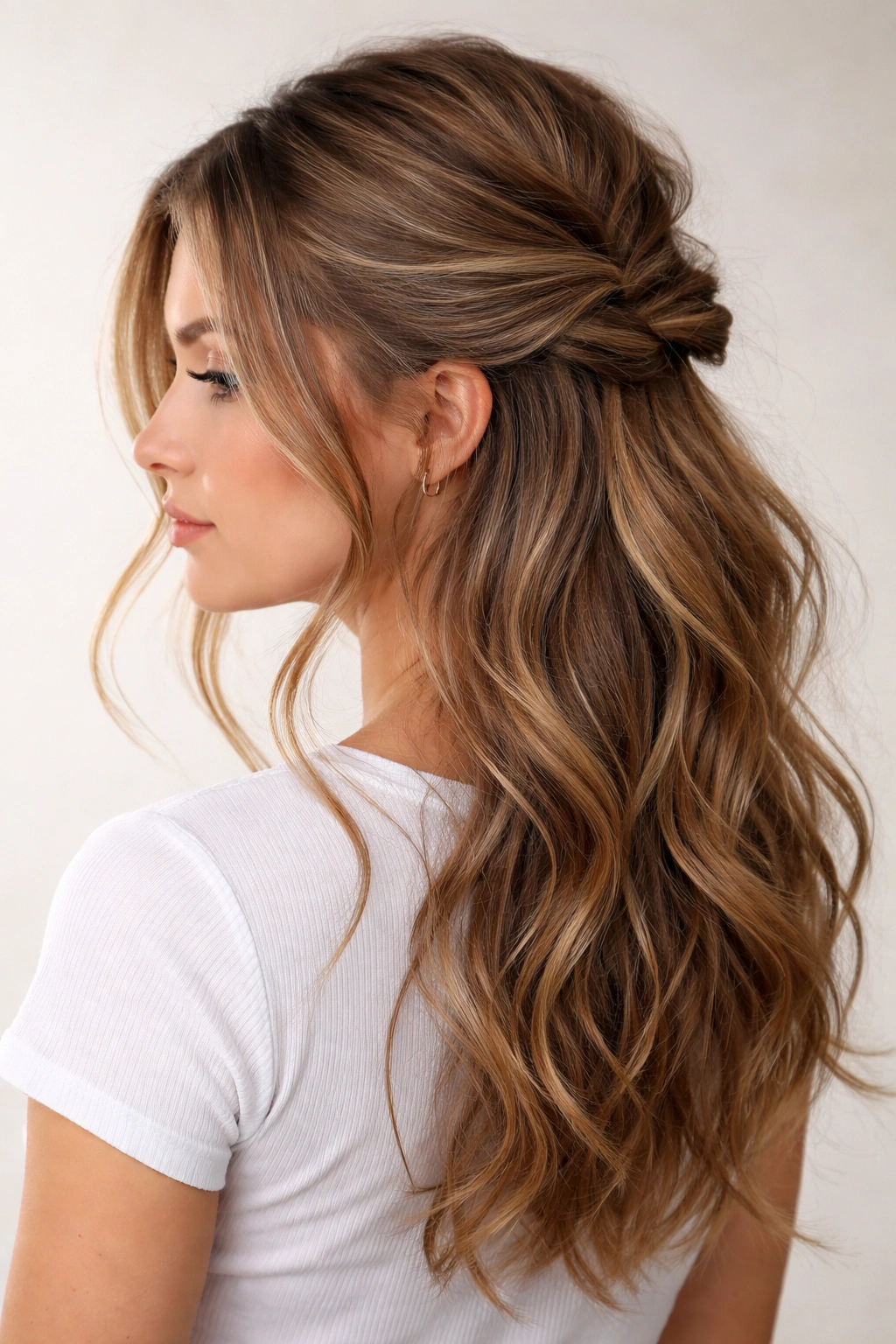 Half-up messy twist with loose twists and face-framing pieces