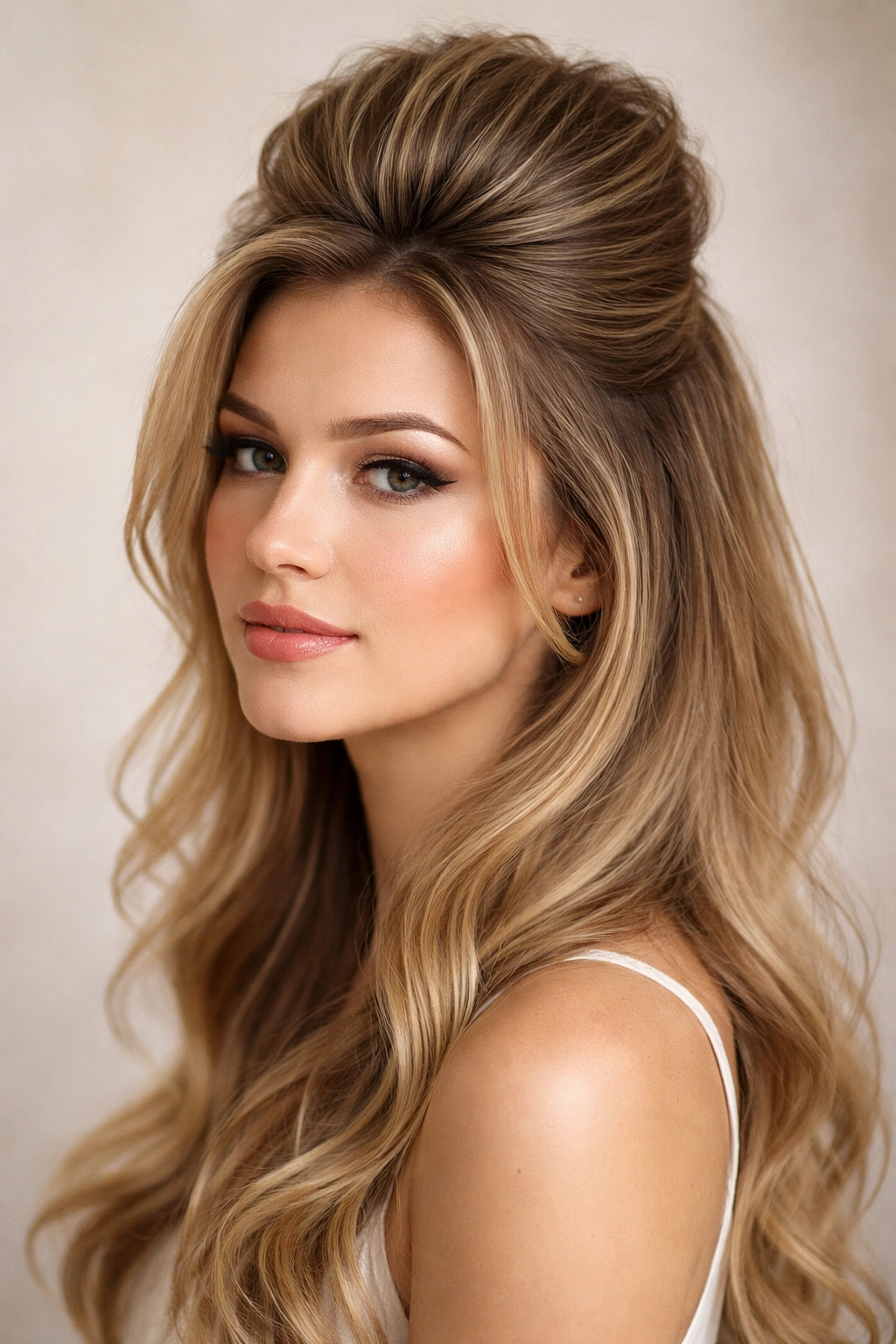 Close-up portrait of a person with half-up pompadour showing crown volume and flowing hair