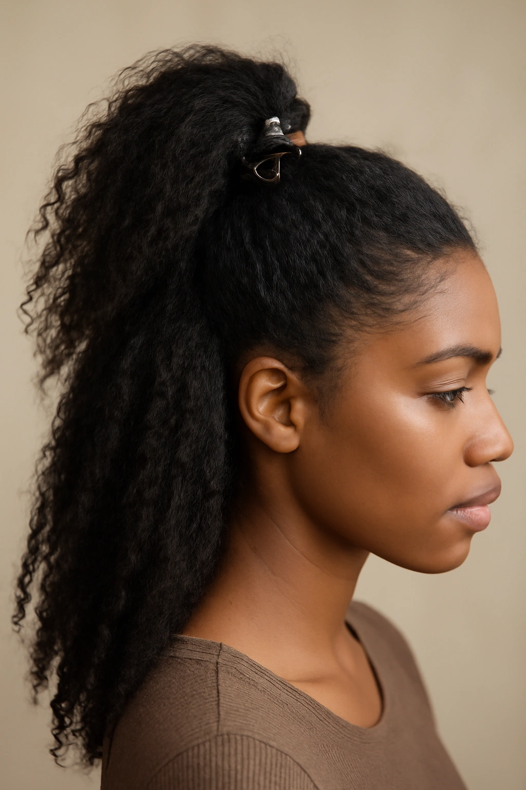 10 Claw Clip Hairstyles That Work for Black Hair 3 Half-up high pony with textured hair and clip at crown