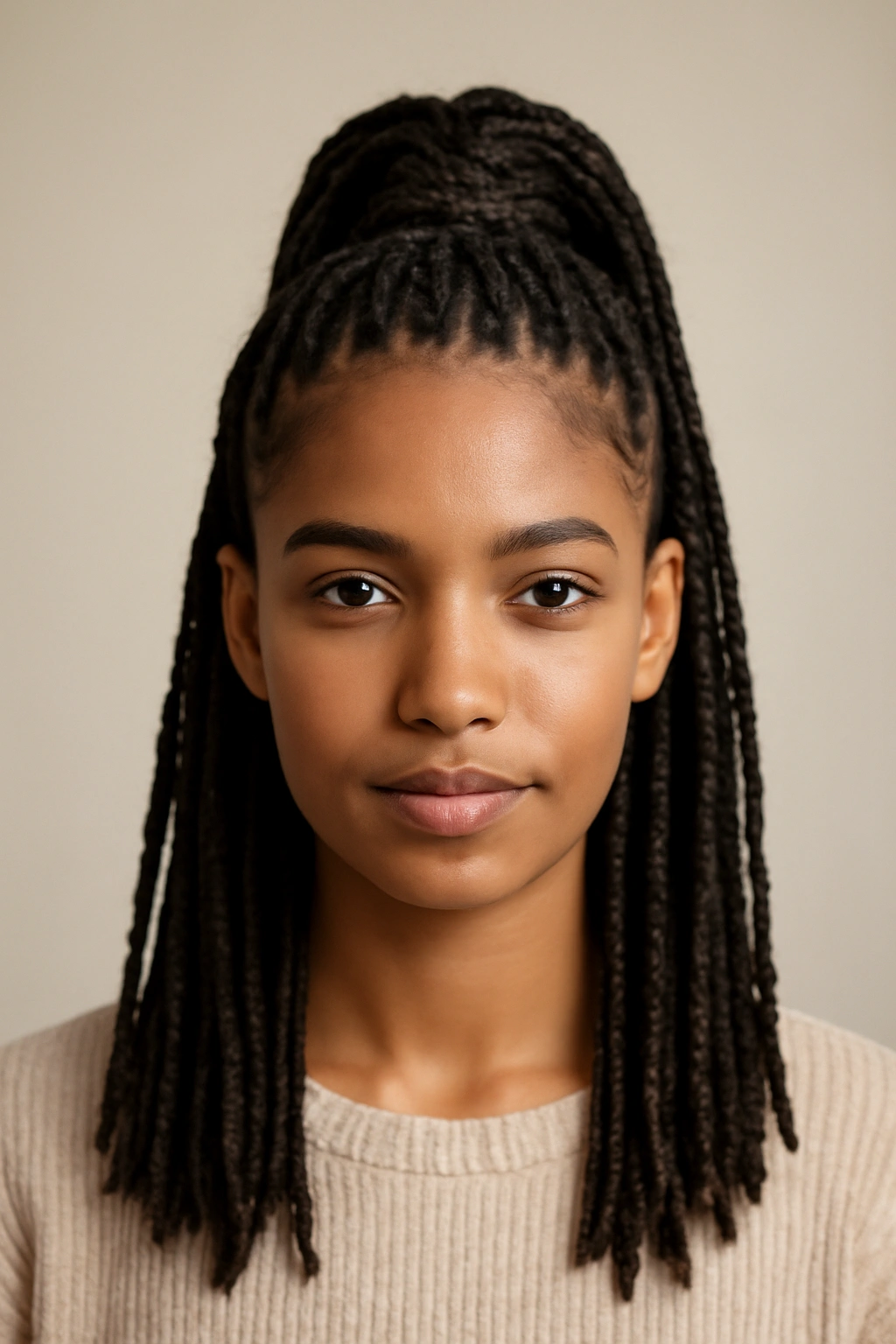 Half-up ponytail of box braids with a wrap around the base