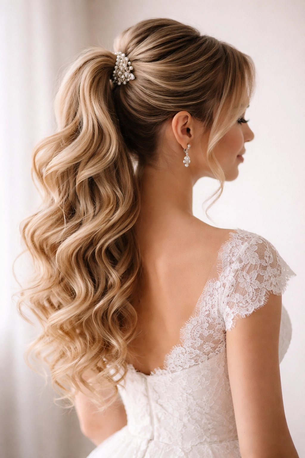 Half-up ponytail with curled lower portion and volume at the crown