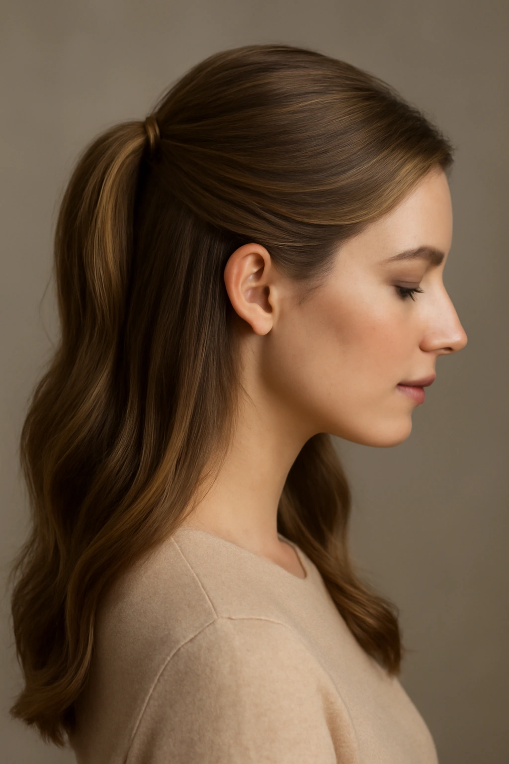 Close-up of a classic half-up ponytail with crown gathered and bottom hair flowing