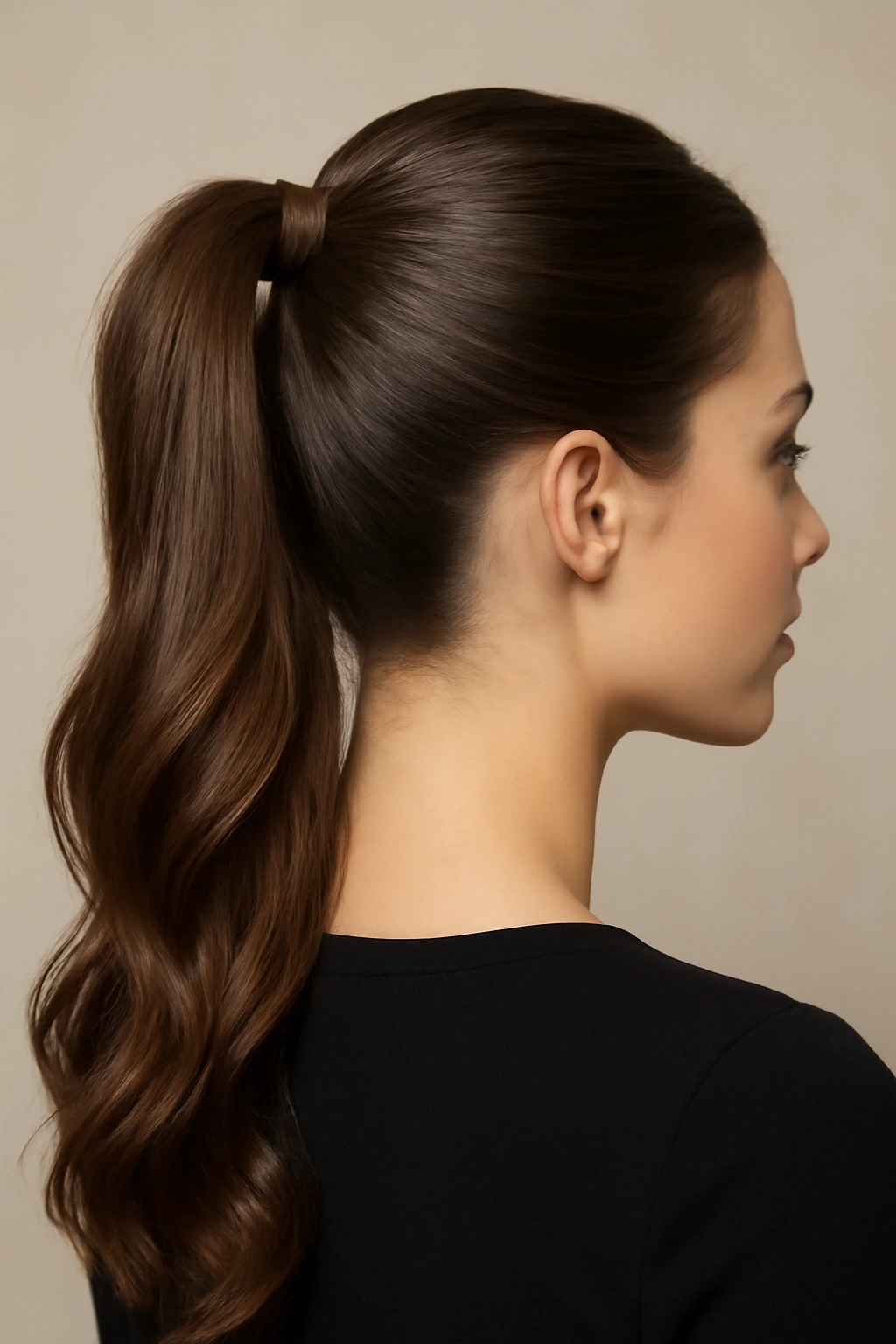 Close-up of crown-height half-up ponytail with smooth top and flowing hair